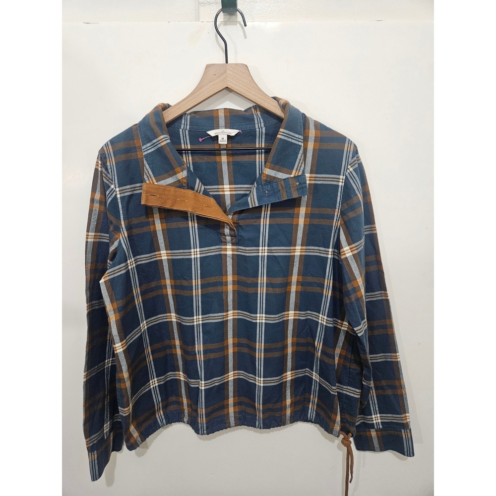 LL Bean Signature Plaid Pullover Top Blue Ochre Cotton Drawstring Hem Size M